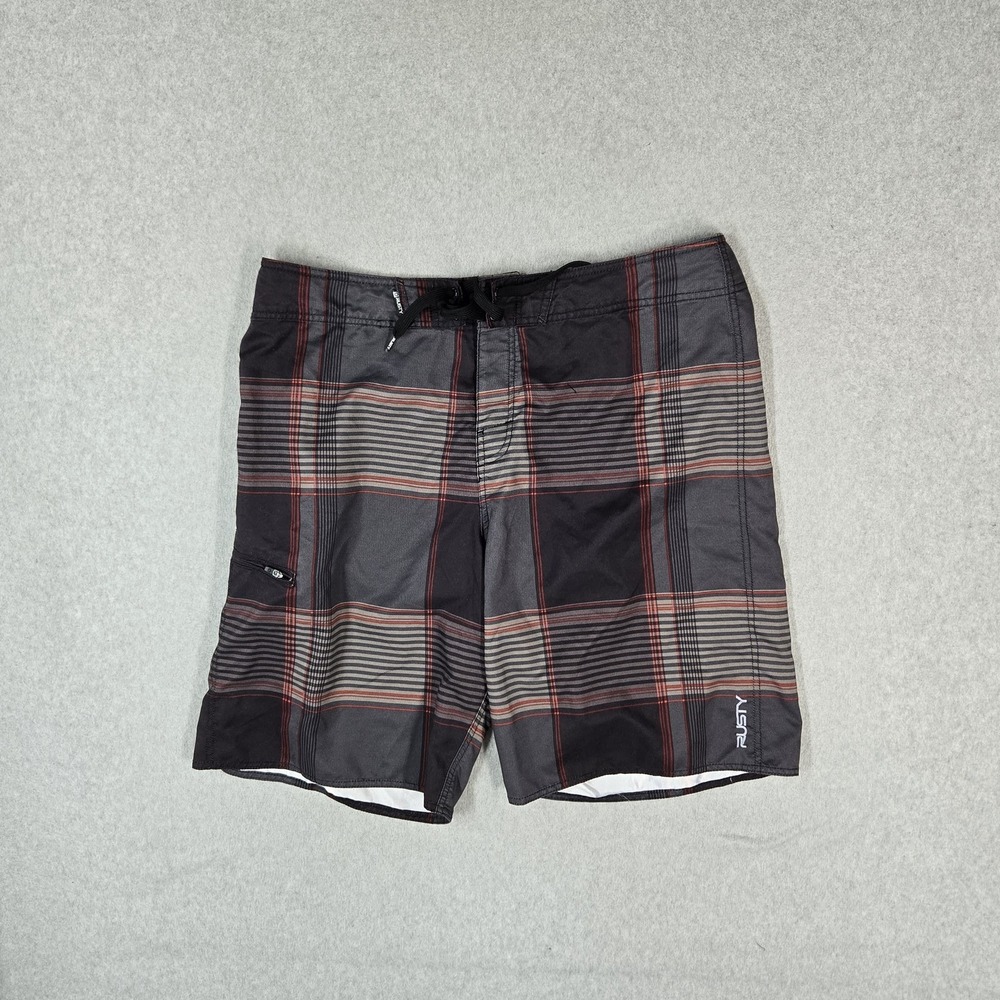 Rusty Men Swimwear 38 Gray Board Shorts Plaid Microfiber Activewear Zipper